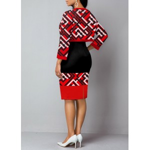 Geometric PrintRed Long Sleeve Bodycon Dress and Cardigan