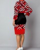 Geometric PrintRed Long Sleeve Bodycon Dress and Cardigan