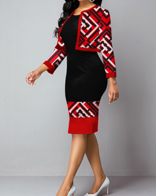 Geometric PrintRed Long Sleeve Bodycon Dress and Cardigan