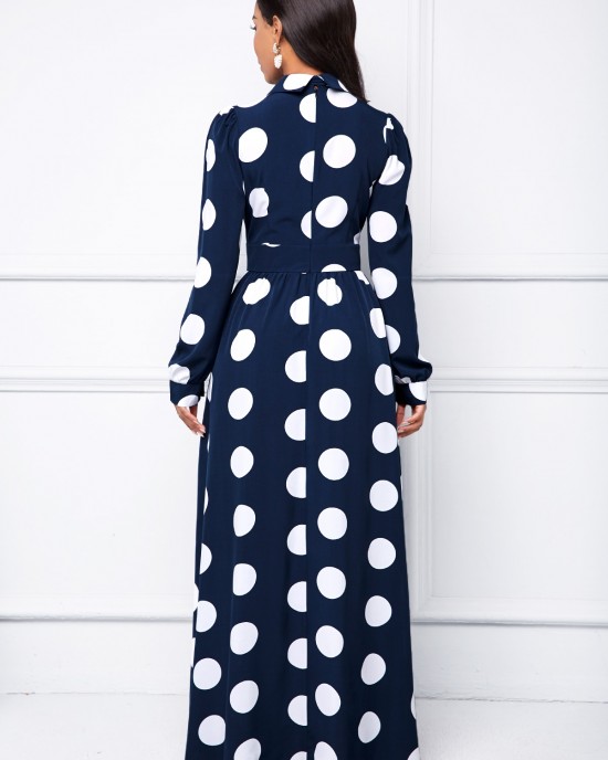 Long Sleeve Turndown Collar Polka Dot Dress