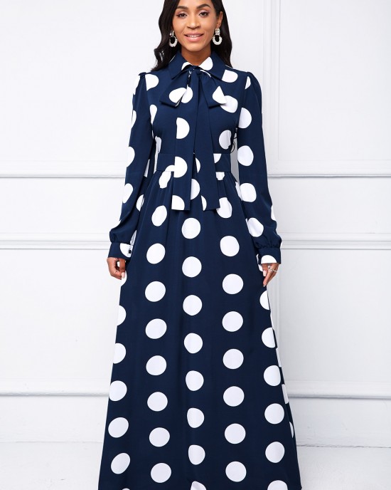 Long Sleeve Turndown Collar Polka Dot Dress