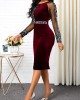 Sequin Detail Mesh Panel Back Slit Sheath Dress