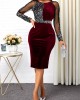 Sequin Detail Mesh Panel Back Slit Sheath Dress