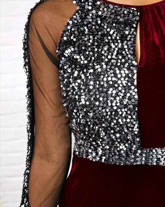 Sequin Detail Mesh Panel Back Slit Sheath Dress