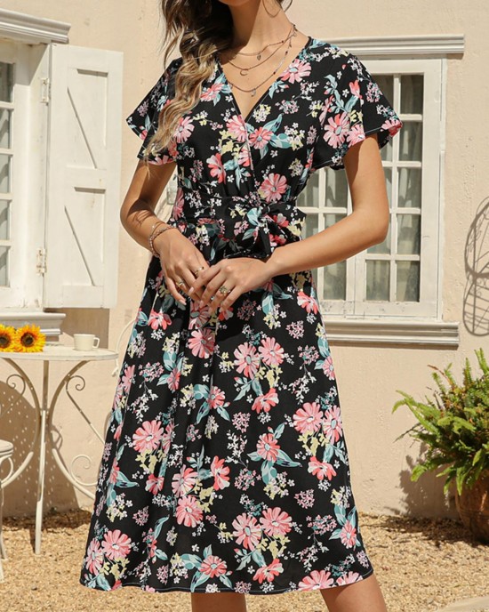 Black Belted Floral Print Cross Front Dress