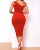 Striped One Shoulder Red Side Slit Dress