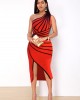 Striped One Shoulder Red Side Slit Dress