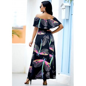 Dragonfly Print Off the Shoulder Belted Dress