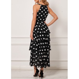 Polka Dot Layered Hem Black Bib Neck Dress