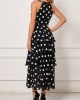 Polka Dot Layered Hem Black Bib Neck Dress