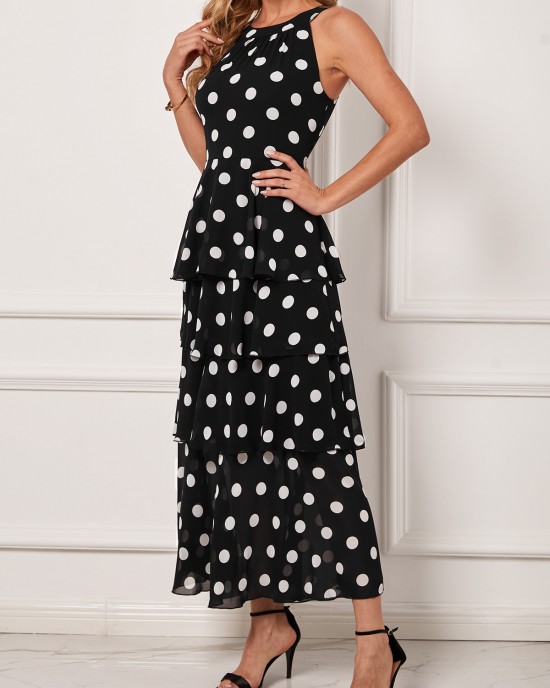 Polka Dot Layered Hem Black Bib Neck Dress