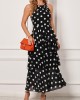 Polka Dot Layered Hem Black Bib Neck Dress