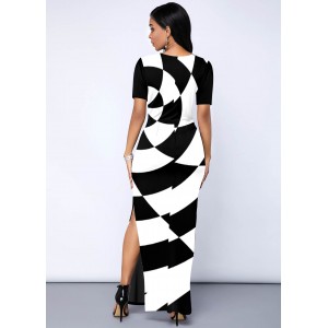 Round Neck Geometric Print Side Slit Dress