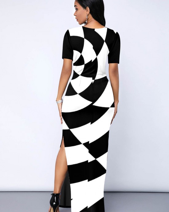 Round Neck Geometric Print Side Slit Dress