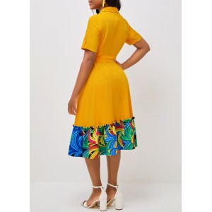 Yellow Short Sleeve Belted Turndown Collar Dress