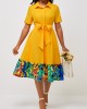 Yellow Short Sleeve Belted Turndown Collar Dress