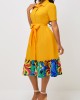 Yellow Short Sleeve Belted Turndown Collar Dress