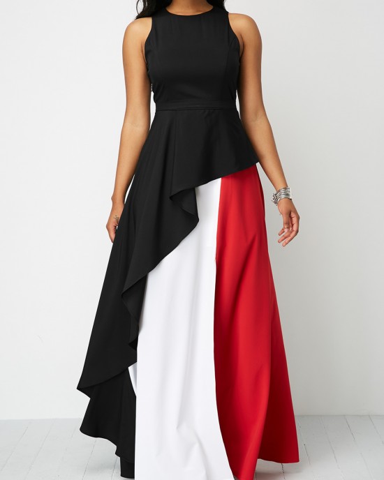 Round Neck Front Slit Sleeveless Maxi Dress