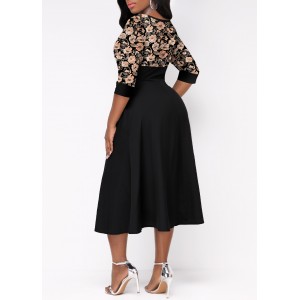 Random Floral Print Button Black Split Neck Dress