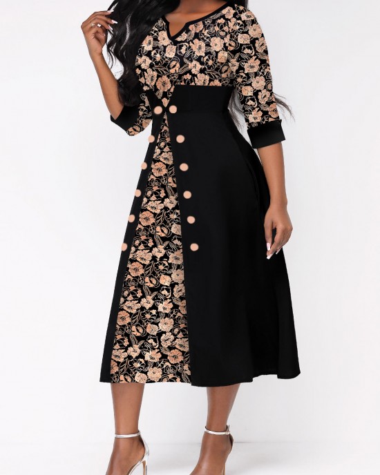 Random Floral Print Button Black Split Neck Dress