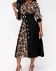 Random Floral Print Button Black Split Neck Dress