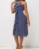 Flounce Bib Neck Dusty Blue Cutout Dress