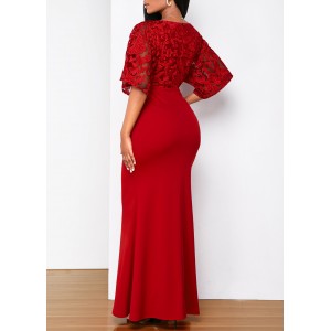 Solid Lace Patchwork 3/4 Sleeve V Neck Dress