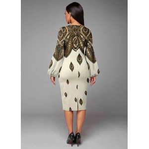 Texture Knitted Lantern Sleeve Foil Print Dress