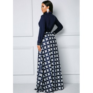 Bowknot Long Sleeve Geometric Print Maxi Dress