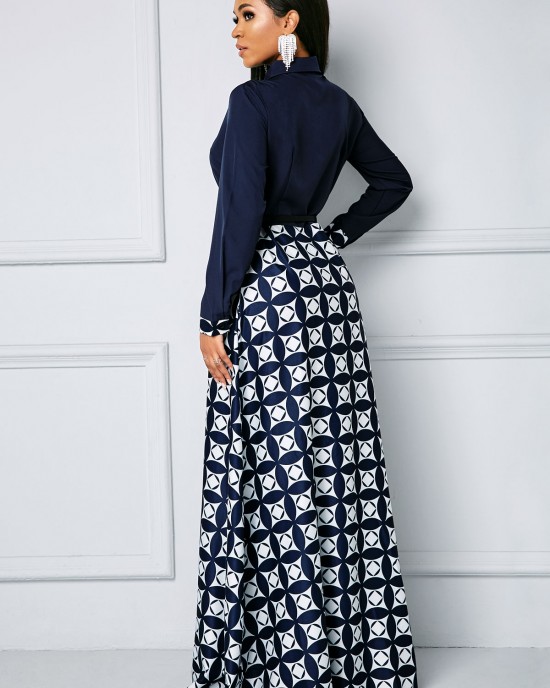 Bowknot Long Sleeve Geometric Print Maxi Dress