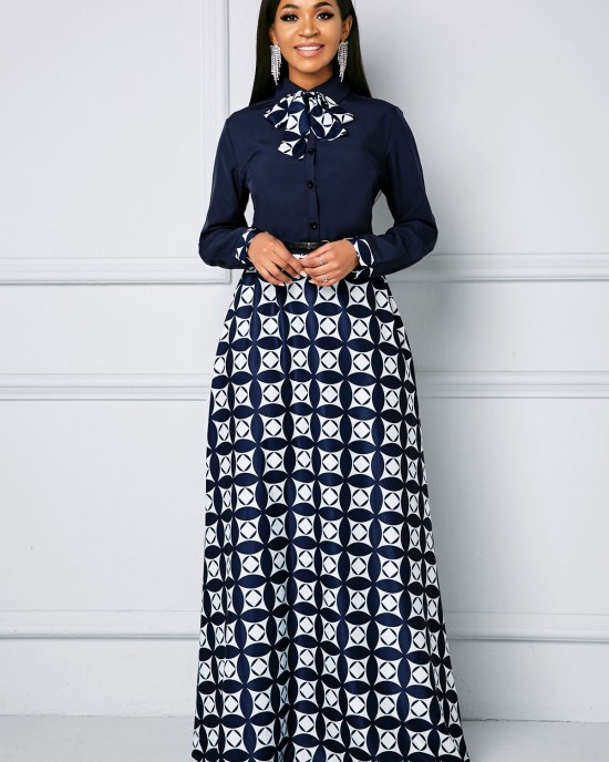 Bowknot Long Sleeve Geometric Print Maxi Dress