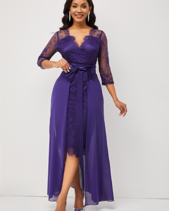 3/4 Sleeve Purple Multiway Lace Patchwork Dress