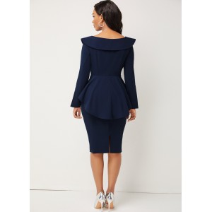 Long Sleeve Turndown Collar Peplum Waist Dress