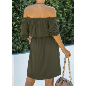 Off Shoulder Army Green Drawstring Waist Dress