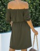 Off Shoulder Army Green Drawstring Waist Dress