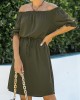 Off Shoulder Army Green Drawstring Waist Dress