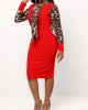 Leopard Tie Collar Long Sleeve Bodycon Dress