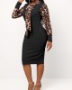 Leopard Tie Collar Long Sleeve Bodycon Dress