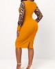 Leopard Tie Collar Long Sleeve Bodycon Dress