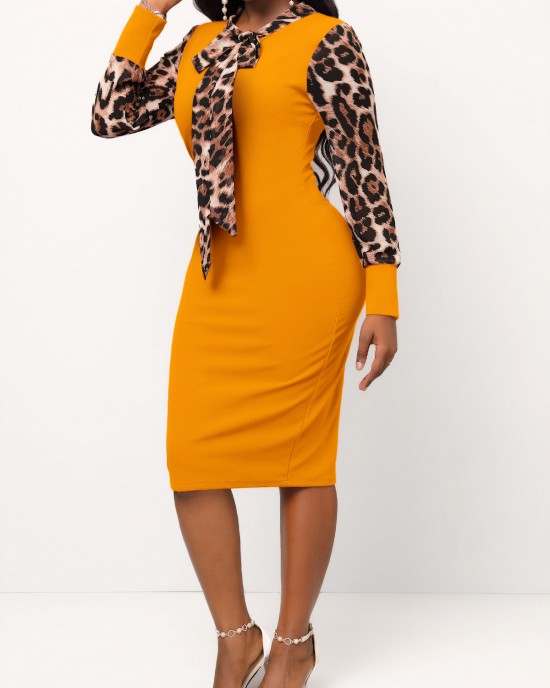 Leopard Tie Collar Long Sleeve Bodycon Dress