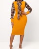 Leopard Tie Collar Long Sleeve Bodycon Dress