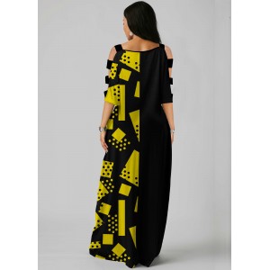 Side Pocket Geometric Print Ladder Cutout Sleeve Maxi Dress