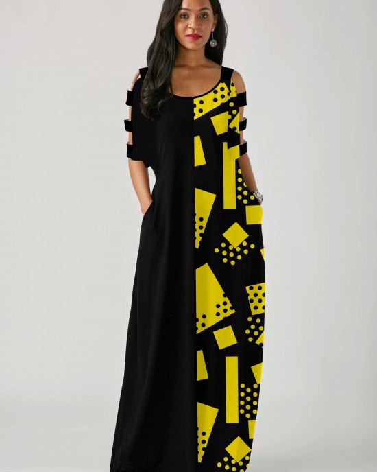 Side Pocket Geometric Print Ladder Cutout Sleeve Maxi Dress