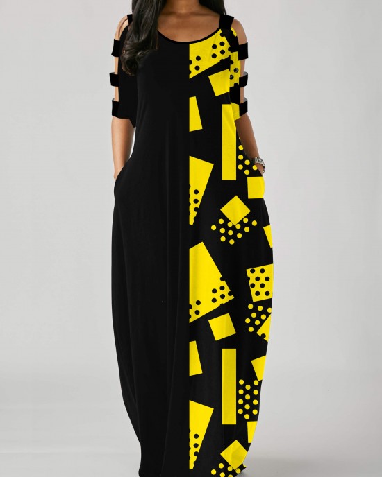 Side Pocket Geometric Print Ladder Cutout Sleeve Maxi Dress