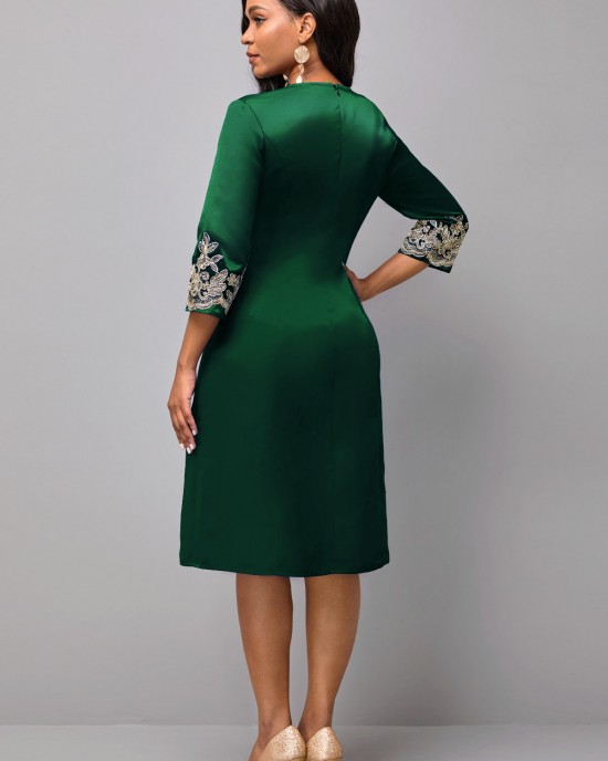 Round Neck 3/4 Sleeve Embroidered Dress