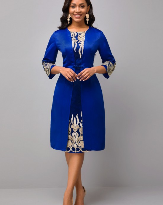 Round Neck 3/4 Sleeve Embroidered Dress