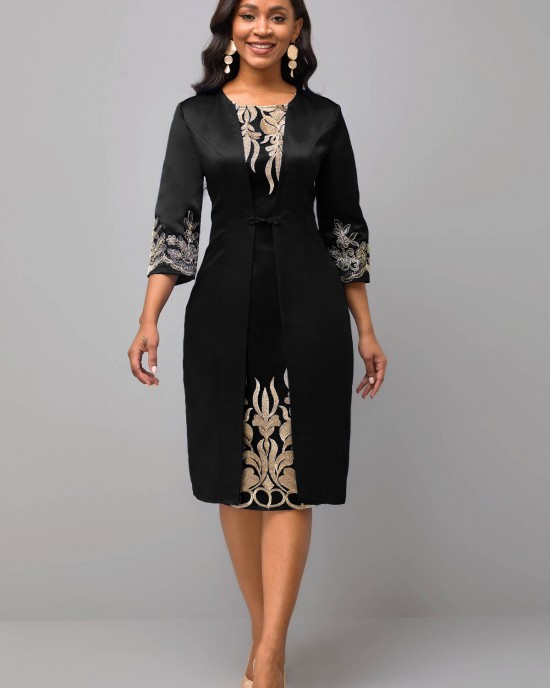 Round Neck 3/4 Sleeve Embroidered Dress