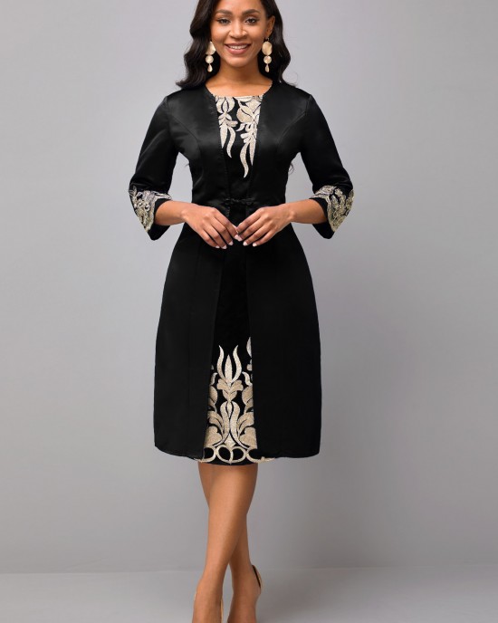 Round Neck 3/4 Sleeve Embroidered Dress