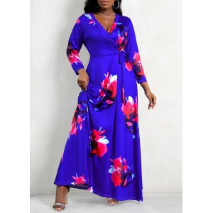 Purplish Blue 3/4 Sleeve Floral Print Dress