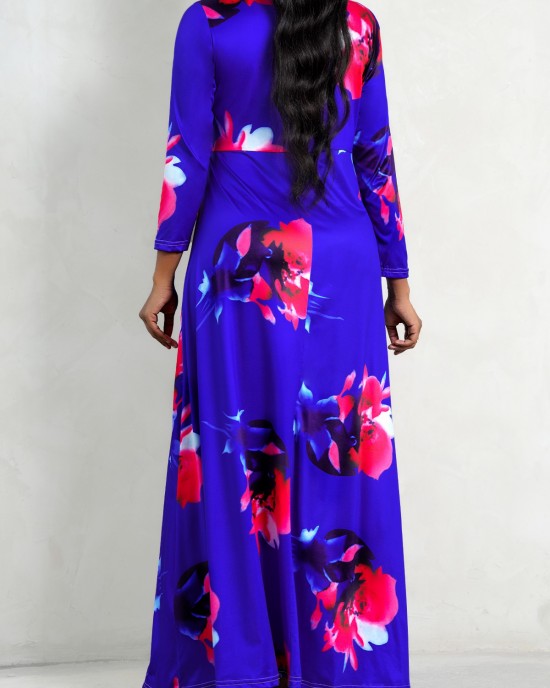 Purplish Blue 3/4 Sleeve Floral Print Dress